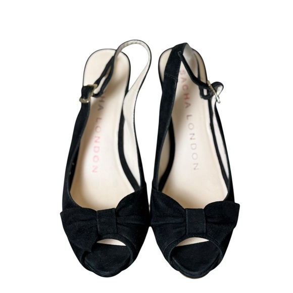 Sacha London Black Suede Leather Peep Toe Slingback Heels Bow Size 6 Evening - Picture 6 of 12